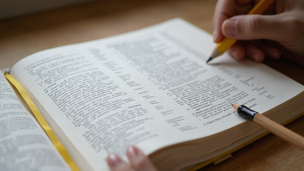 Close-up van Nederlands woordenboek met gele markeerstift en potlood op geopende pagina met woorden