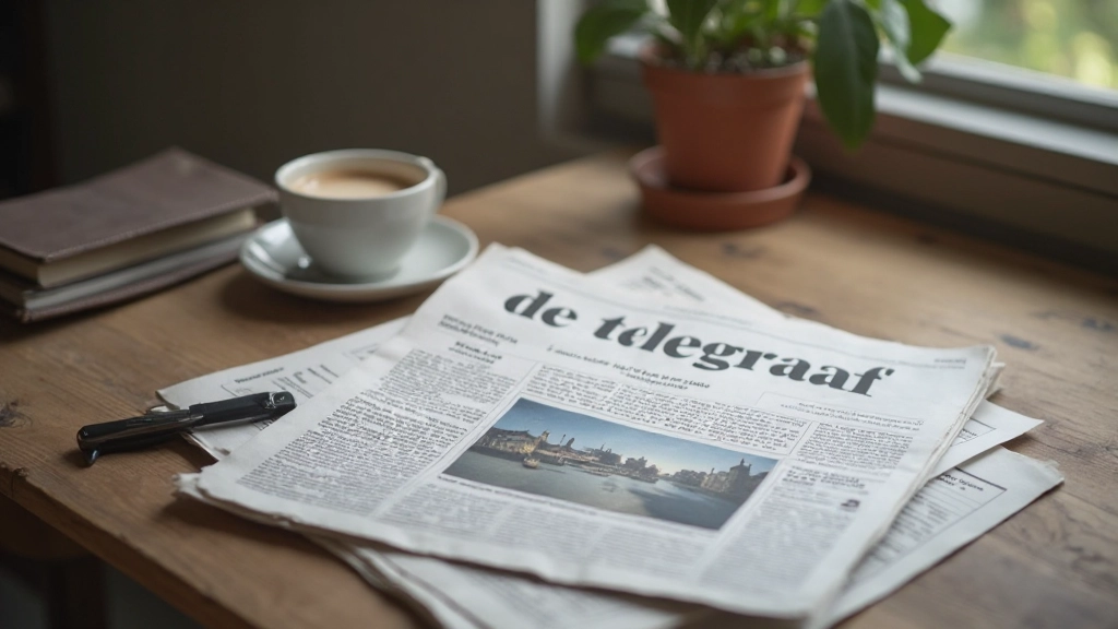 Voorkant van Nederlandse krant De Telegraaf op een bureau met koffiekopje en pen, professionele inrichting