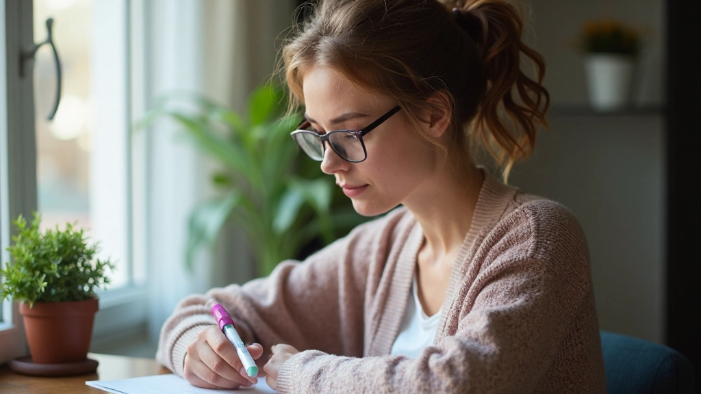 Vrouw met bril bestudeert Nederlandse tekst op papier met aantekeningen in de marge en verschillende gekleurde markeerstiften