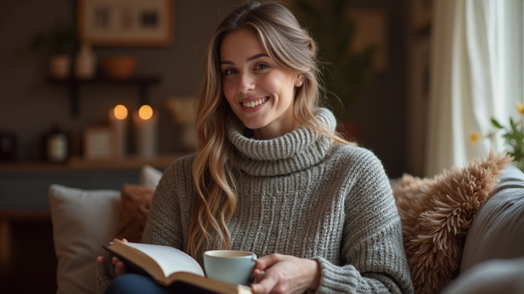 Vrouw die Nederlands kinderboek leest in gezellige leeshoek met kopje koffie en plaid